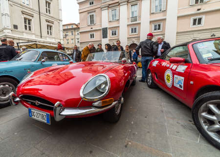 TRIESTE, ITALY - APRIL 3: Photo of a red Jaguar Type E on the Trieste Opicina Historic. APRIL 3,...