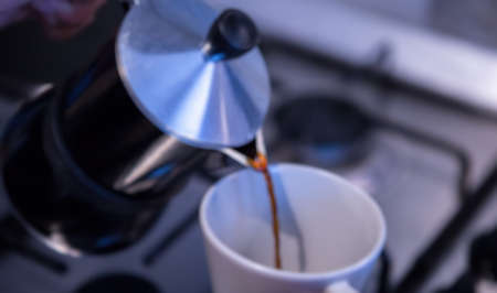 Blurry Background : Moka pot ,coffee cupの写真素材