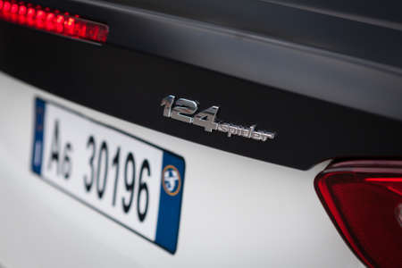 Udine, July 13 2016: Abarth 124 Spider Prototype MultiAir 1.4 engine has 170 PS (125 kW; 168 hp) with top speed of 232 km / h (144 mph) and 0-100 km / h of 6.8 seconds, only weight 1,060 kg (2,337 lb)のeditorial素材