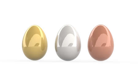 Tre realistic eggs yellow, silver and copper with soft shadows on white background. 3d render illustrationの写真素材