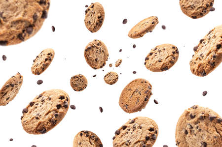 Collection of half chocolate chip cookies on white backgroundの写真素材