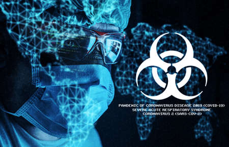 Male research scientist watching expansion of pandemic coronavirus disease on the world. Pharmaceutical & genetics Research Centre. Concept coronavirus covid-19 diseaseの写真素材