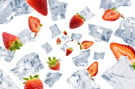 Collection of real Ice cubes with Strawberry falling on white background. Concept for product advertising. Selective Focus.の写真素材