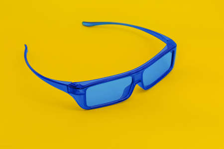 Blue glasses on yellow background. Minimal contrast concept.