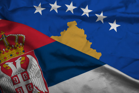 Silk Flags of Serbia and Kosovo. Political crisis. Concept of bad relations between Serbian and Kosovo.の写真素材