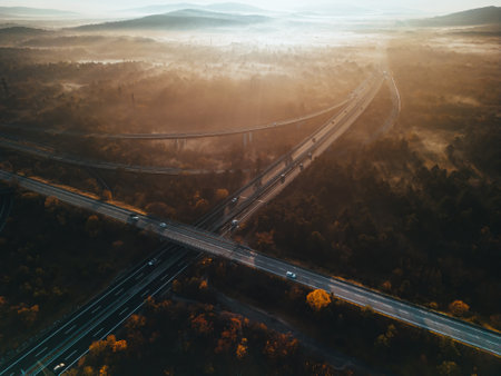 Autumn morning fog over highway with cars covered in fog. Beautiful forest and sun rays. Spotted...
