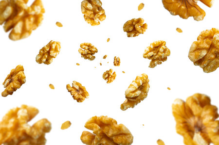Collection of tasty crispy Walnut falling isolated on white background. Selective focusの写真素材
