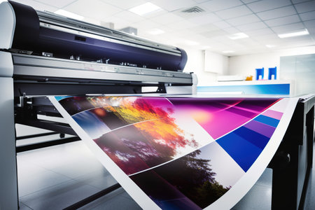 Large wide digital inkjet printing machine during production. Generative Aiの素材
