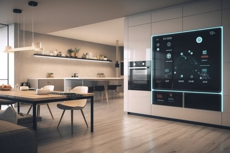 Livingroom with smart appliances with display screen and voice-controlled settings, concept of smart home and advanced artificial intelligence. Generative AIの素材
