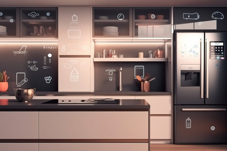 Kitchen with smart appliances with display screen and voice-controlled settings, concept of smart home and advanced artificial intelligence. Generative AIの素材