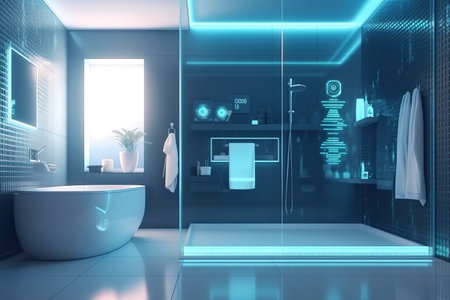 Bathroom with smart appliances with display screen and voice-controlled settings, concept of smart home and advanced artificial intelligence. Generative AIの素材