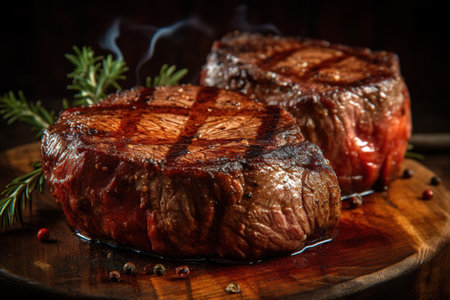 Juicy Beef steaks, grilled roast on rustic plate. Generative AIの素材