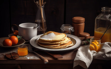 Pancake tower with fresh blueberries, oranges and eggs on a rustic wooden table. Generative AI.の素材