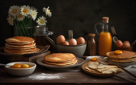 Pancake tower with fresh blueberries, oranges and eggs on a rustic wooden table. Generative AI.の素材
