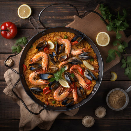 Spanish paella on dark wooden table with ingredients. Generative AI.の素材