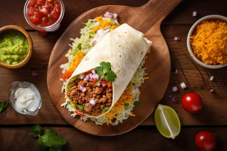 Top view of Original Mexican Burritos wraps with beef and vegetables on rustic wooden table. Concept menus and advertisements. Generative AIの素材