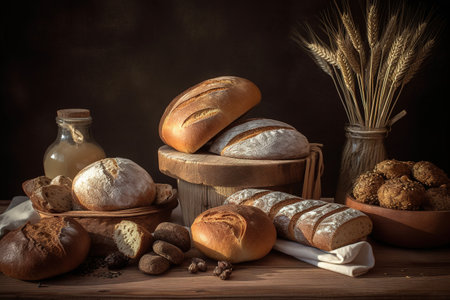 View of assortment of different kind of bread bakery. Concept menus and advertisements. Generative AIの素材