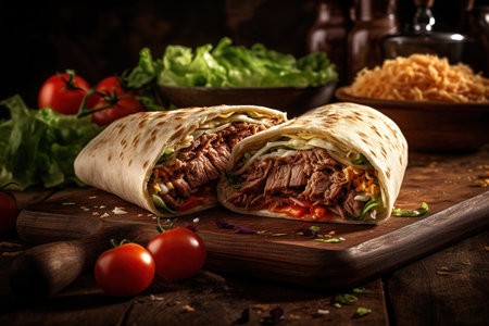 Doner kebab rolls , a shawarma in a pit of fresh vegetables and meat. Concept menus and advertisements. Generative AIの素材