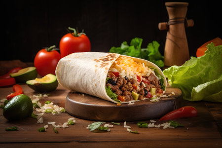 Original Mexican Burritos wraps with beef and vegetables on rustic wooden table. Concept menus and advertisements. Generative AIの素材