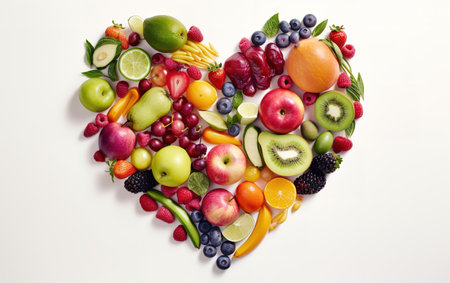 A colorful mix of detox fruits and vegetables on white background. Generative AIの素材
