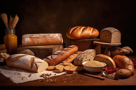 View of assortment of different kind of bread bakery. Concept menus and advertisements. Generative AIの素材