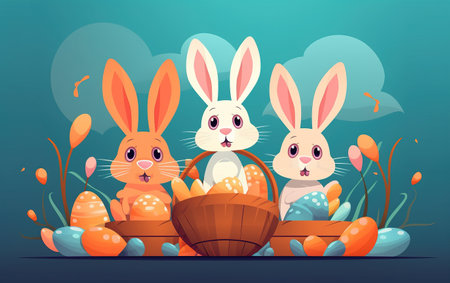 Easter Theme basket with easter eggs and bunny. Concept illustration. Generative AI.の素材