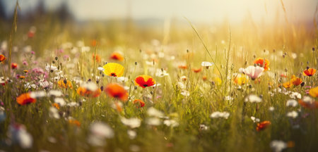 Sunny spring field with poppies and daisies Flowers on grass. Concept banners. Generative AI.の素材