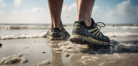 Man trail runner walking on the beach path with close up of trail running shoes. Generative AI.の素材