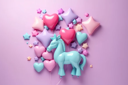 Vivid pastel unicorn color shape star and heart balloons. concept party. Generative AIの素材