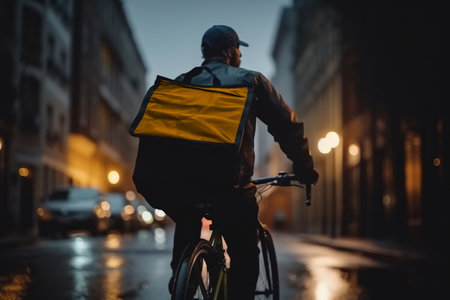 Food delivery riding the bike in the city. Generative AI.の素材