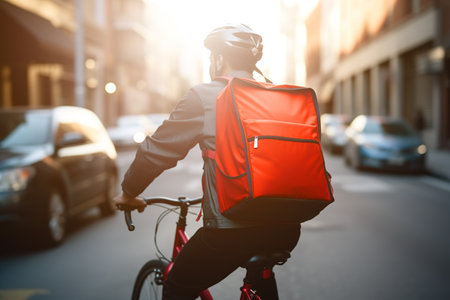 Food delivery riding the bike in the city. Generative AI.の素材