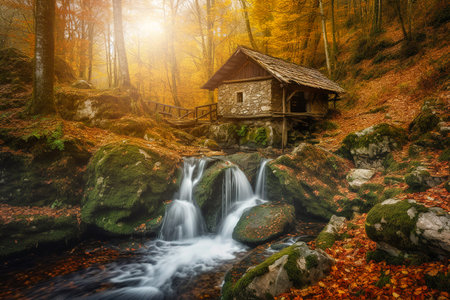 Watermill and waterfall cascades in an autumn forest. Generative AIの素材