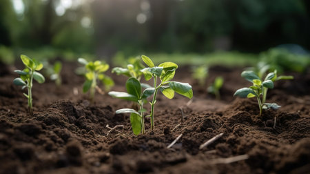 Seedlings growing in soil. Concept ecology and bio. Generative AI.の素材