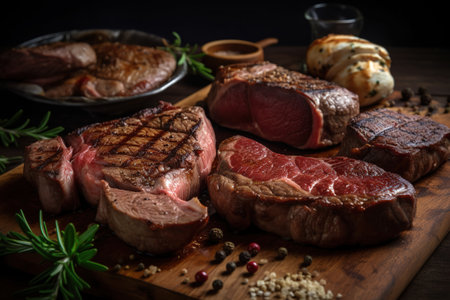 Juicy Beef steaks, grilled roast on rustic plate. Generative AIの素材
