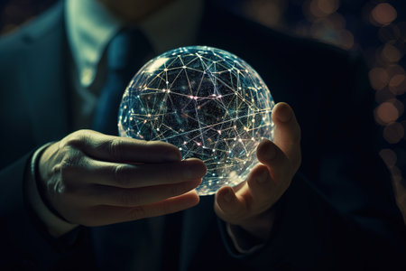 Close up hands of Businessman holding global network connection. Generative AIの素材
