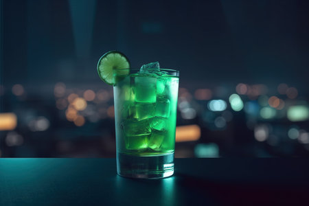 Green fruit cocktail with blurry city background. Generative AI.の素材