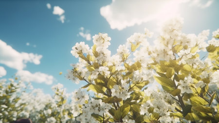 Beautiful spring blossoming tree on sky background. Generative AI.の素材