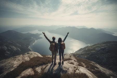 Back view of young happy couple at mountain top with raised arms looking great panorama. Generative AI.の素材