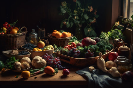 Arranging freshly picked vegetables on a rustic wooden table, Generative Ai.の素材