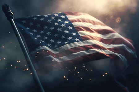 Independence Day of USA. National American flag and fireworks. Patriotic holiday celebrate 4th of July. Generative AI.の素材