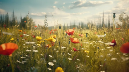Beautiful poppies, daisy field in the spring sunny day. Generative AI.の素材