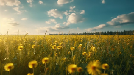 Beautiful flower field in the spring sunny day. Generative AI.の素材