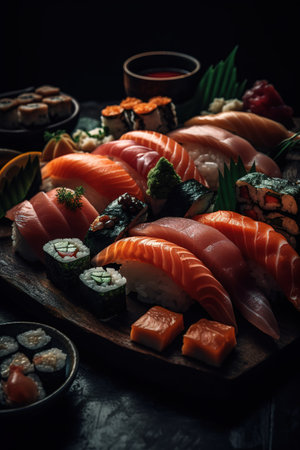 Fresh plate of sushi and sashimi. Generative AI.の素材