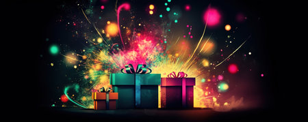 Abstract illustration of party with gift, glitter, fireworks and confetti. Generative AIの素材