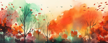 Abstract autumn colors flower meadow on watercolor paper background. Floral banner concept. Generative AI.の素材