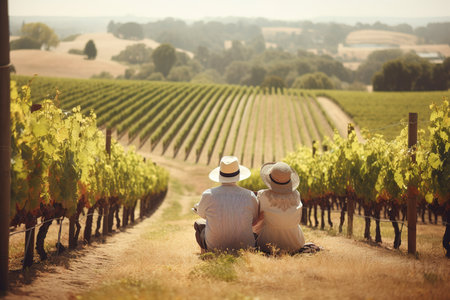 An idyllic, summer winery scene, featuring a couple picnic among the sun-kissed rows of grapevines, set against a picturesque, rolling countryside backdrop. Generative AI.の素材