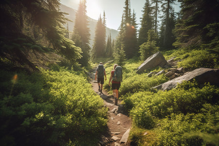 A tranquil, summer hiking adventure, featuring a couple trekking through a lush, green forest, meadow and mountain trail. Generative AI.の素材
