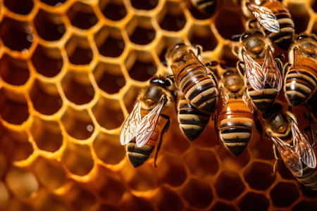 Macro view of honeybees working diligently inside their hive, meticulously crafting honeycomb cells filled with glistening. Generative AI.の素材