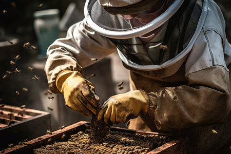 A close-up view of a beekeeper carefully tending to a buzzing beehive, wearing protective gear, and using a smoker to calm the bees. Generative AI.の素材