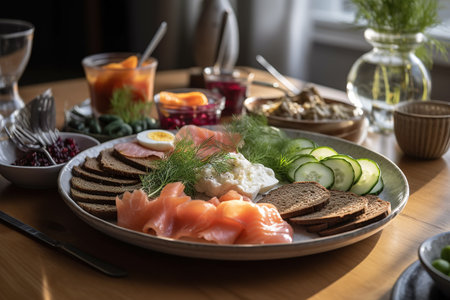 A traditional, Scandinavian breakfast spread, with an array of smoked salmon, pickled herring, crispbreads, and sliced cucumbers, served on a sleek, modern plate with fresh dill garnish. Generative AI.の素材